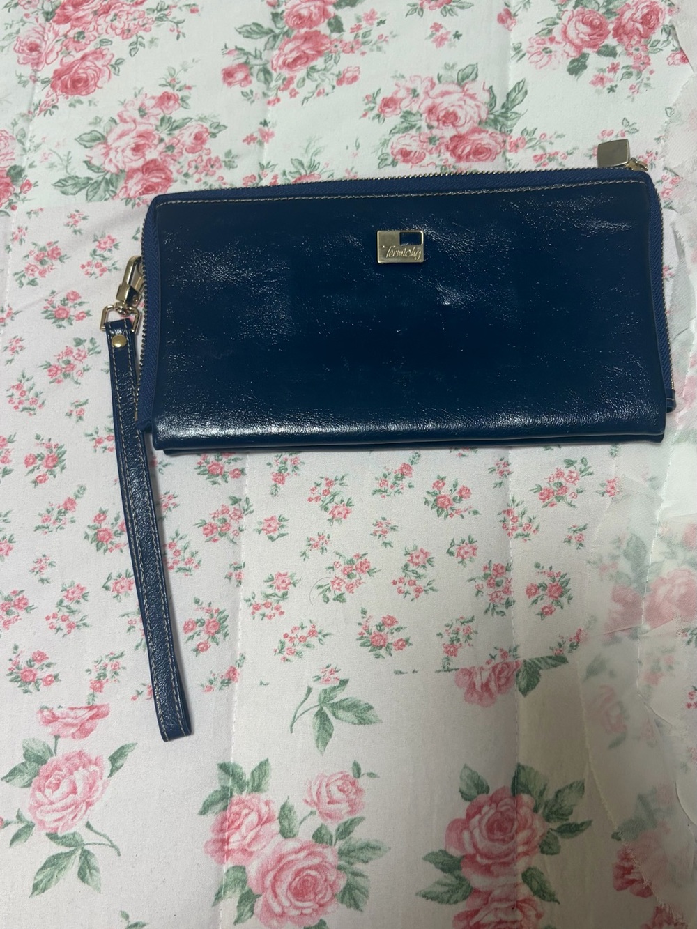 Navy Wristlet Clutch Wallet with Gold Accent